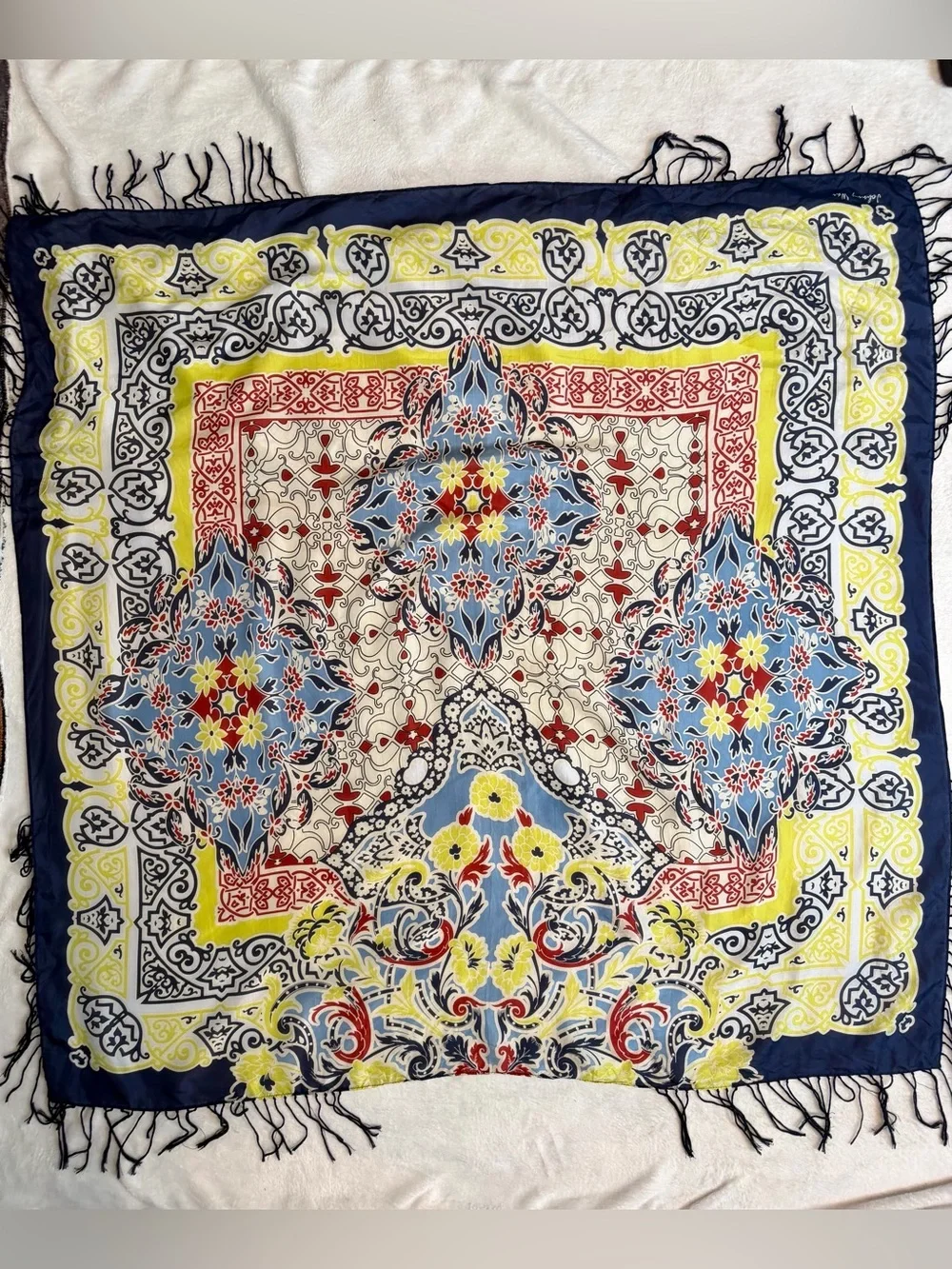 Johnny Was 100% Silk Oversized Square Scarf Tassel Fringe Boho Wrap 43” x 43”